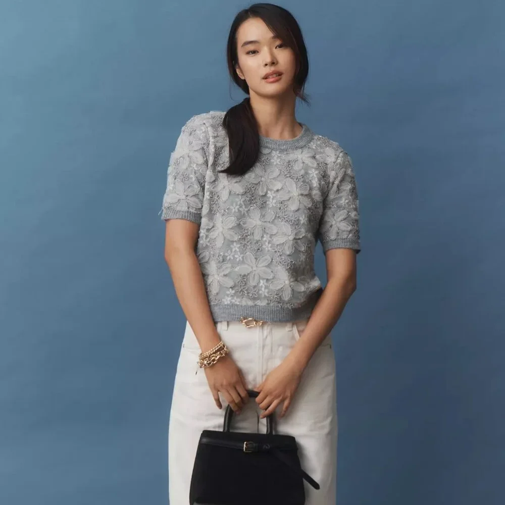 NWT Anthropologie 3D Floral Embellished Sweater Tee - Picture 2 of 5